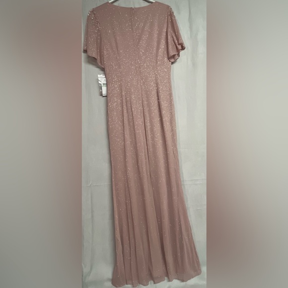 SLNY Glitter Mesh Sheath Gown with Beaded Shoulder Pastel Pink Dress - Picture 4 of 5